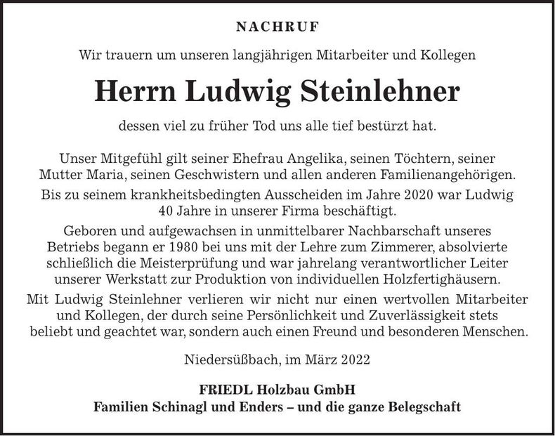 Traueranzeige Ludwig Steinlehner