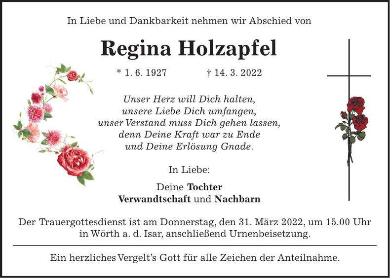 Traueranzeige Regina Holzapfel