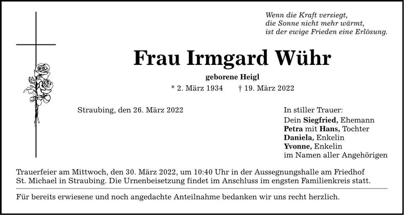 Traueranzeige Irmgard Wühr