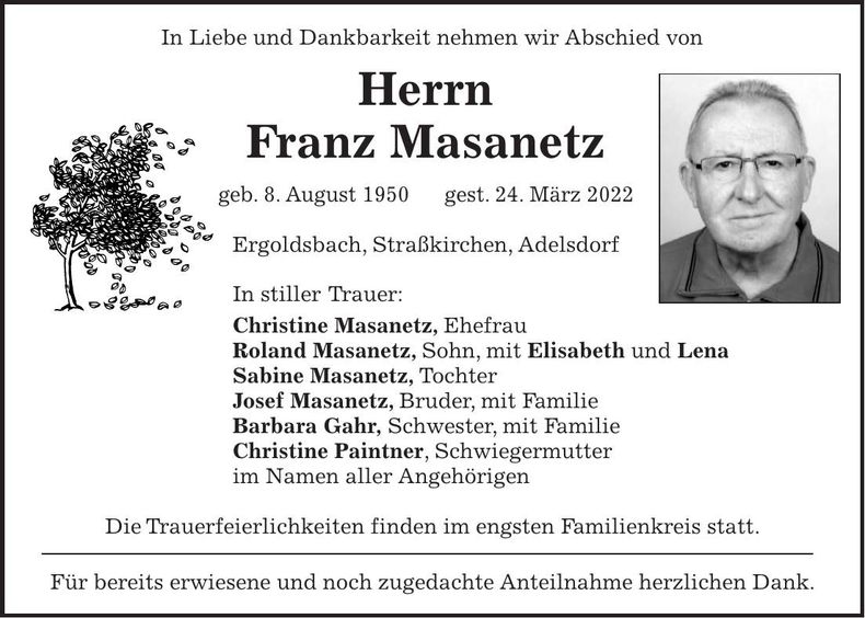 Traueranzeige Franz Masanetz