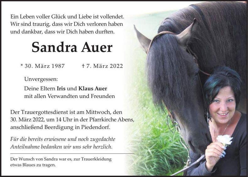 Traueranzeige Sandra Auer