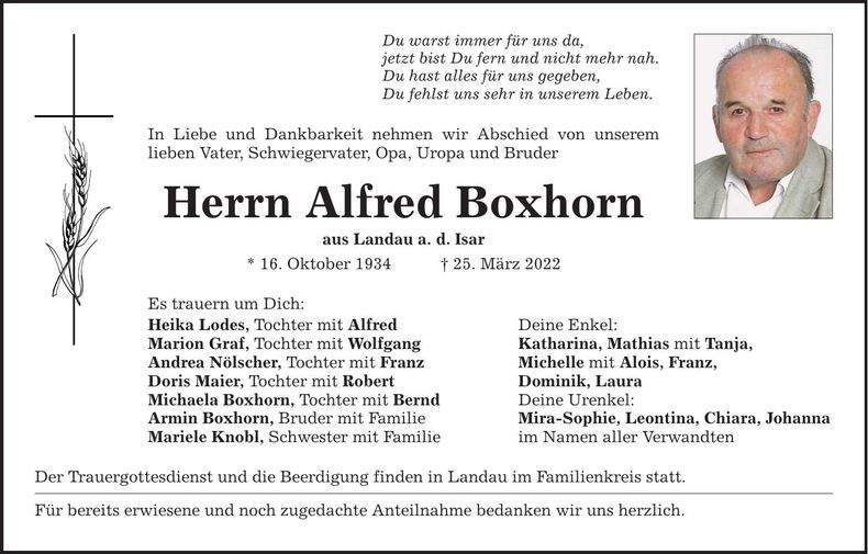 Traueranzeige Alfred Boxhorn