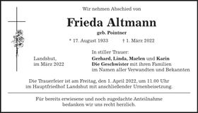 Traueranzeige Frieda Altmann