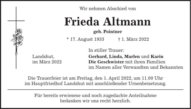 Traueranzeige Frieda Altmann
