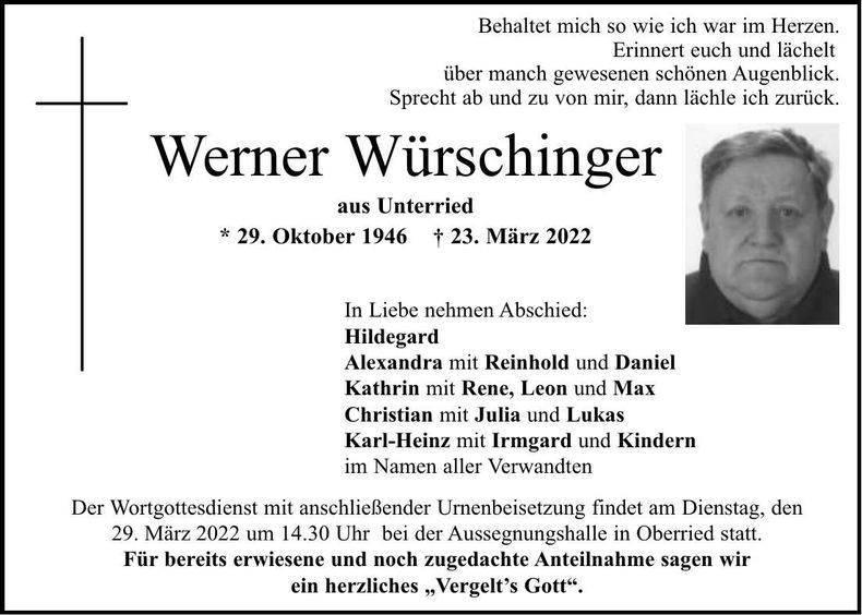 Traueranzeige Werner Würschinger