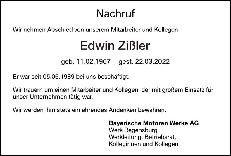 Traueranzeige Edwin Zissler