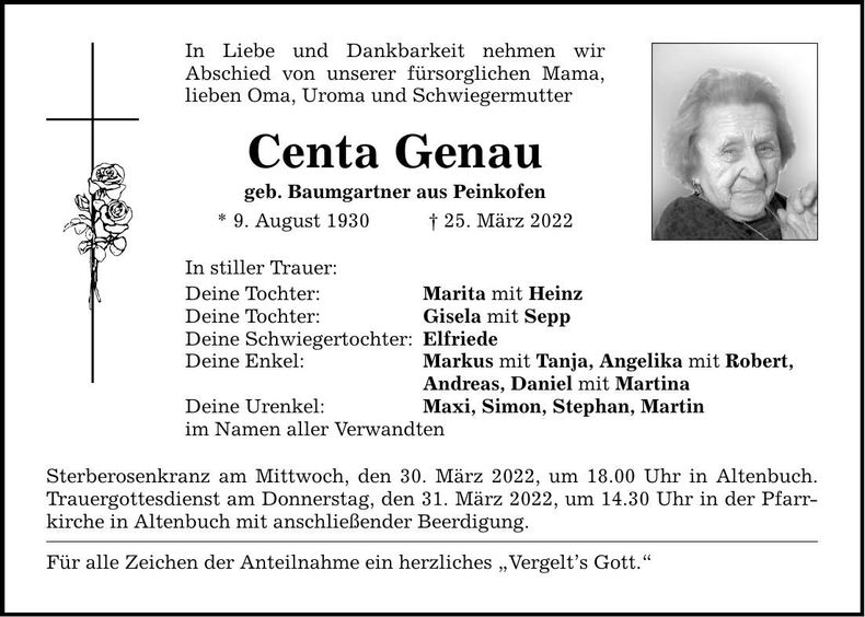 Traueranzeige Centa Genau