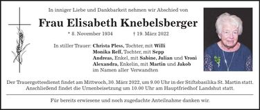 Traueranzeige Elisabeth Knebelsberger
