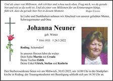 Traueranzeige Johanna Neuner