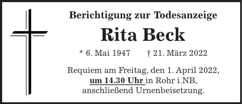 Traueranzeige Rita Beck