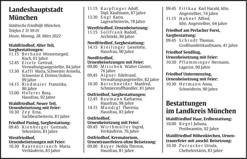 Traueranzeige Abendzeitung Bestattungskalender