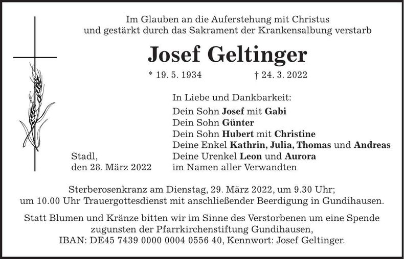 Traueranzeige Josef Geltinger