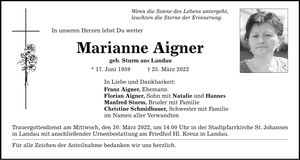 Traueranzeige Marianne Aigner