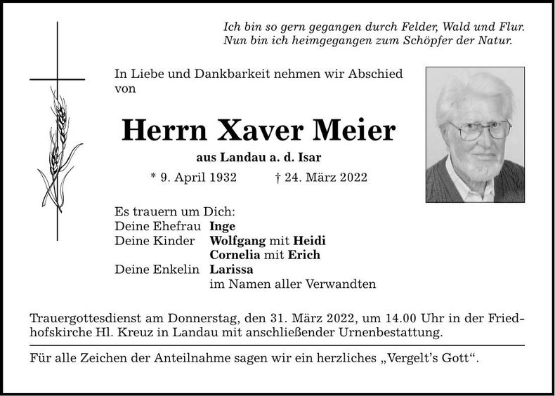 Traueranzeige Xaver Meier