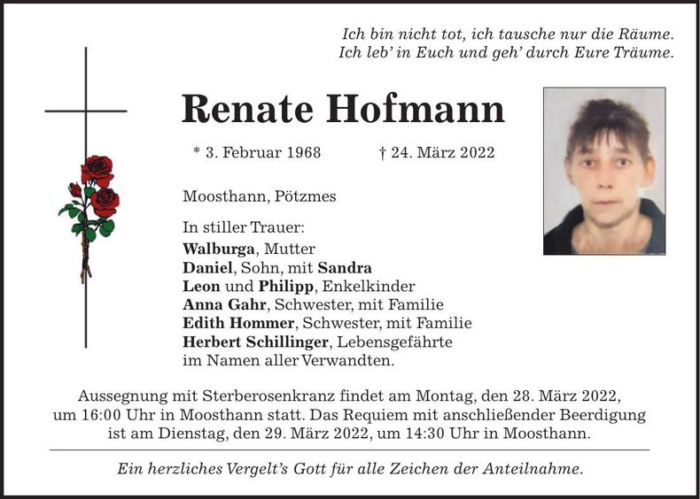 Traueranzeige Renate Hofmann