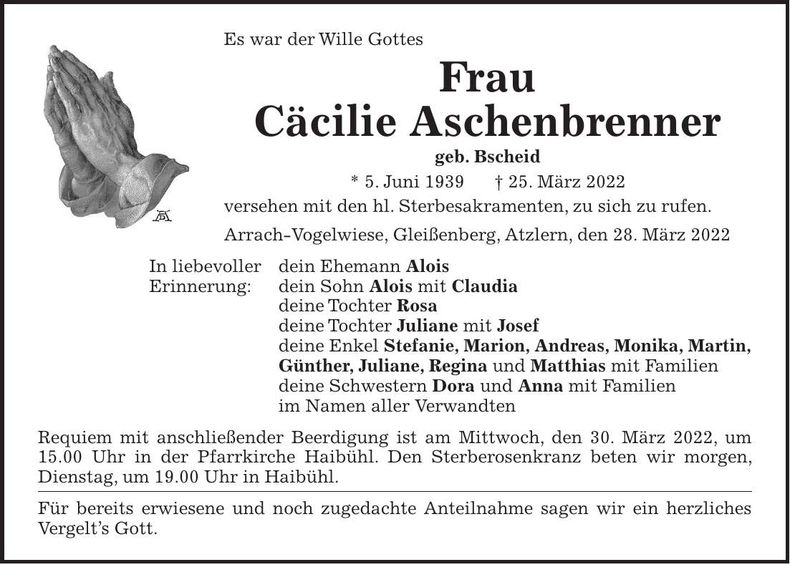 Traueranzeige Cäcilie Aschenbrenner