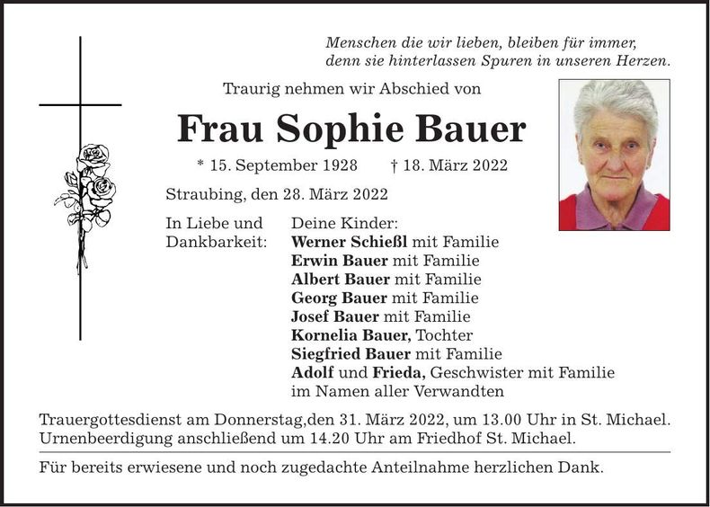 Traueranzeige Sophie Bauer