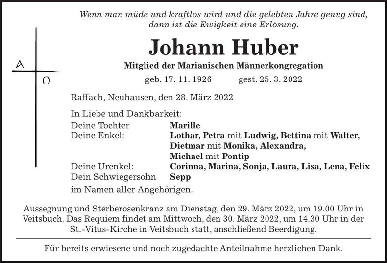 Traueranzeige Johann Huber