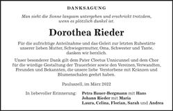 Traueranzeige Dorothea Rieder
