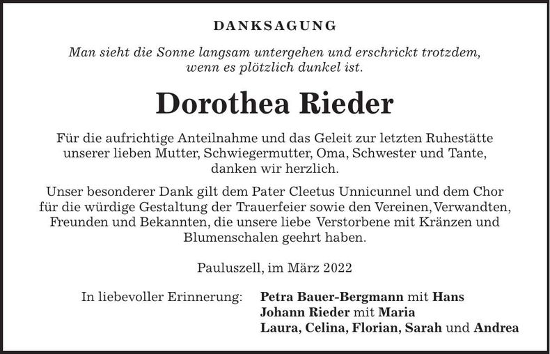 Traueranzeige Dorothea Rieder