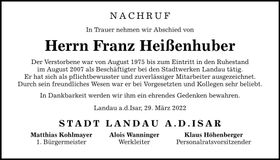 Traueranzeige Franz Heißenhuber