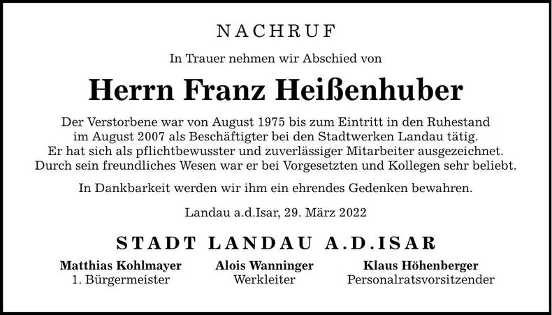 Traueranzeige Franz Heißenhuber