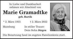Traueranzeige Marie Gramadtke