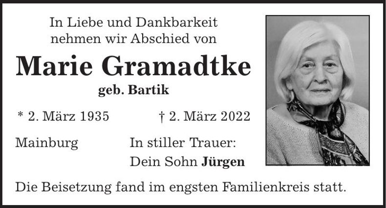 Traueranzeige Marie Gramadtke