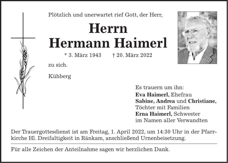 Traueranzeige Hermann Haimerl