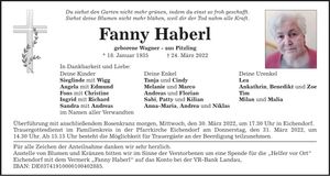Traueranzeige Fanny Haberl