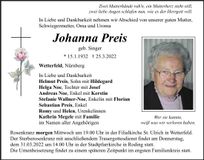 Traueranzeige Johanna Preis