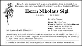 Traueranzeige Nikolaus Sigl