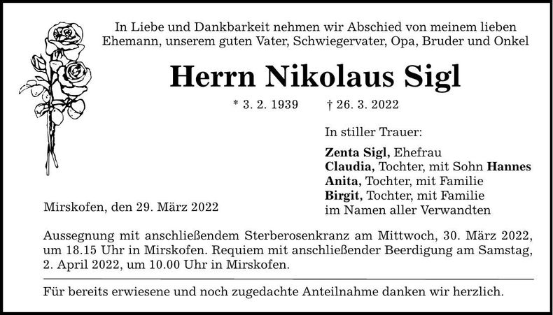 Traueranzeige Nikolaus Sigl