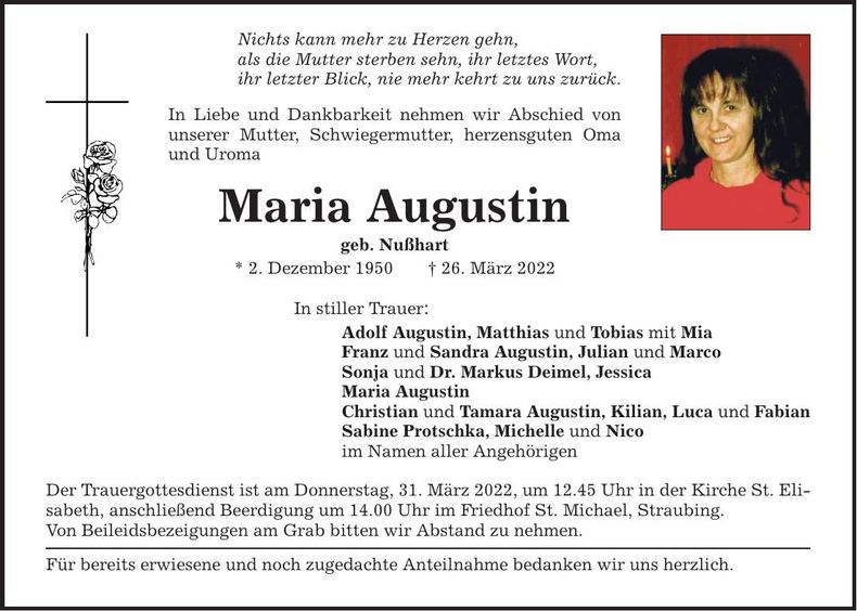 Traueranzeige Maria Augustin