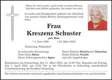 Traueranzeige Kreszenz Schuster