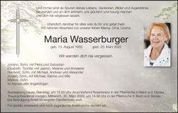 Traueranzeige Maria Wasserburger