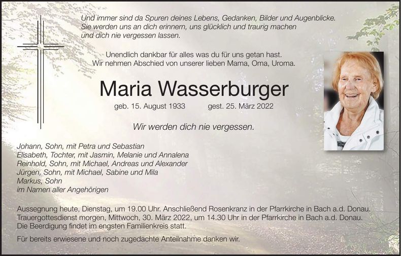 Traueranzeige Maria Wasserburger