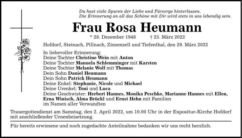 Traueranzeige Rosa Heumann