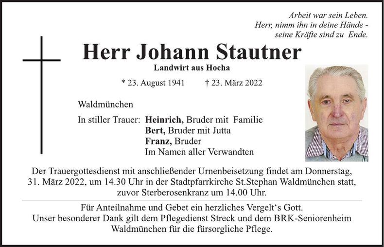 Traueranzeige Johann Stautner