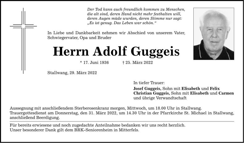 Traueranzeige Adolf Guggeis