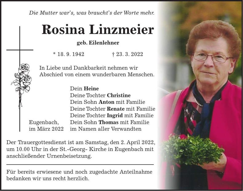 Traueranzeige Rosina Linzmeier