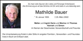 Traueranzeige Mathilde Bauer