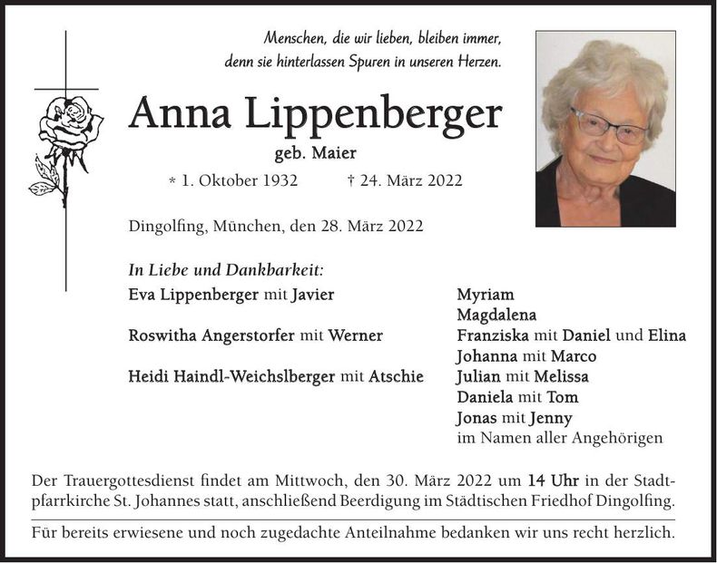 Traueranzeige Anna Lippenberger
