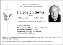 Traueranzeige Friedrich Sowa