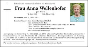 Traueranzeige Anna Wellenhofer