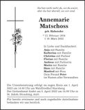 Traueranzeige Annemarie Matschoss