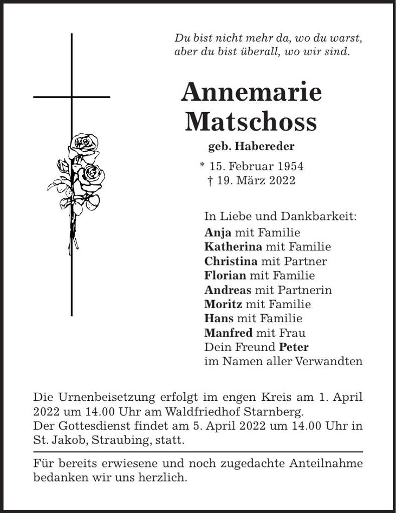 Traueranzeige Annemarie Matschoss