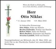 Traueranzeige Otto Niklas