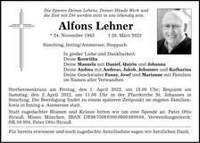 Traueranzeige Alfons Lehner