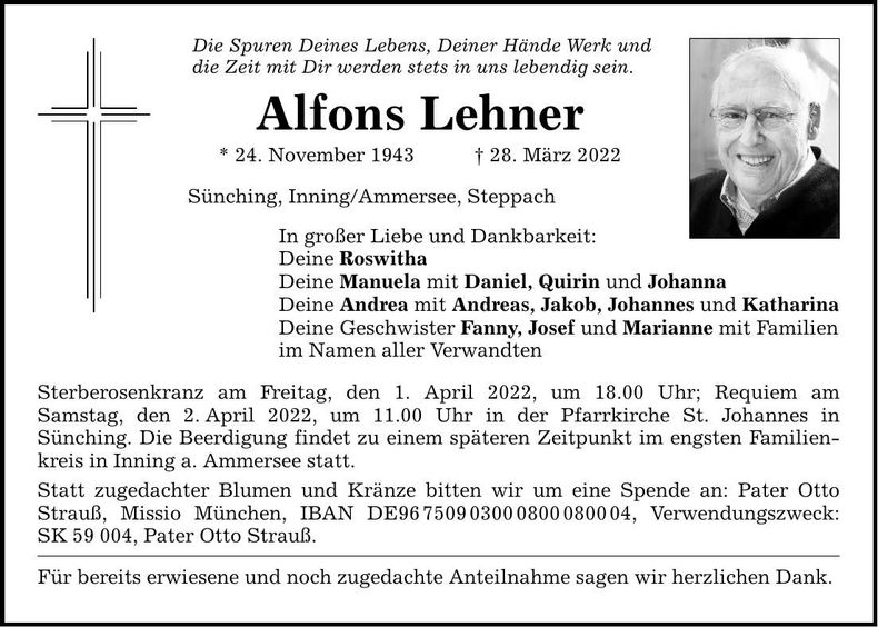 Traueranzeige Alfons Lehner